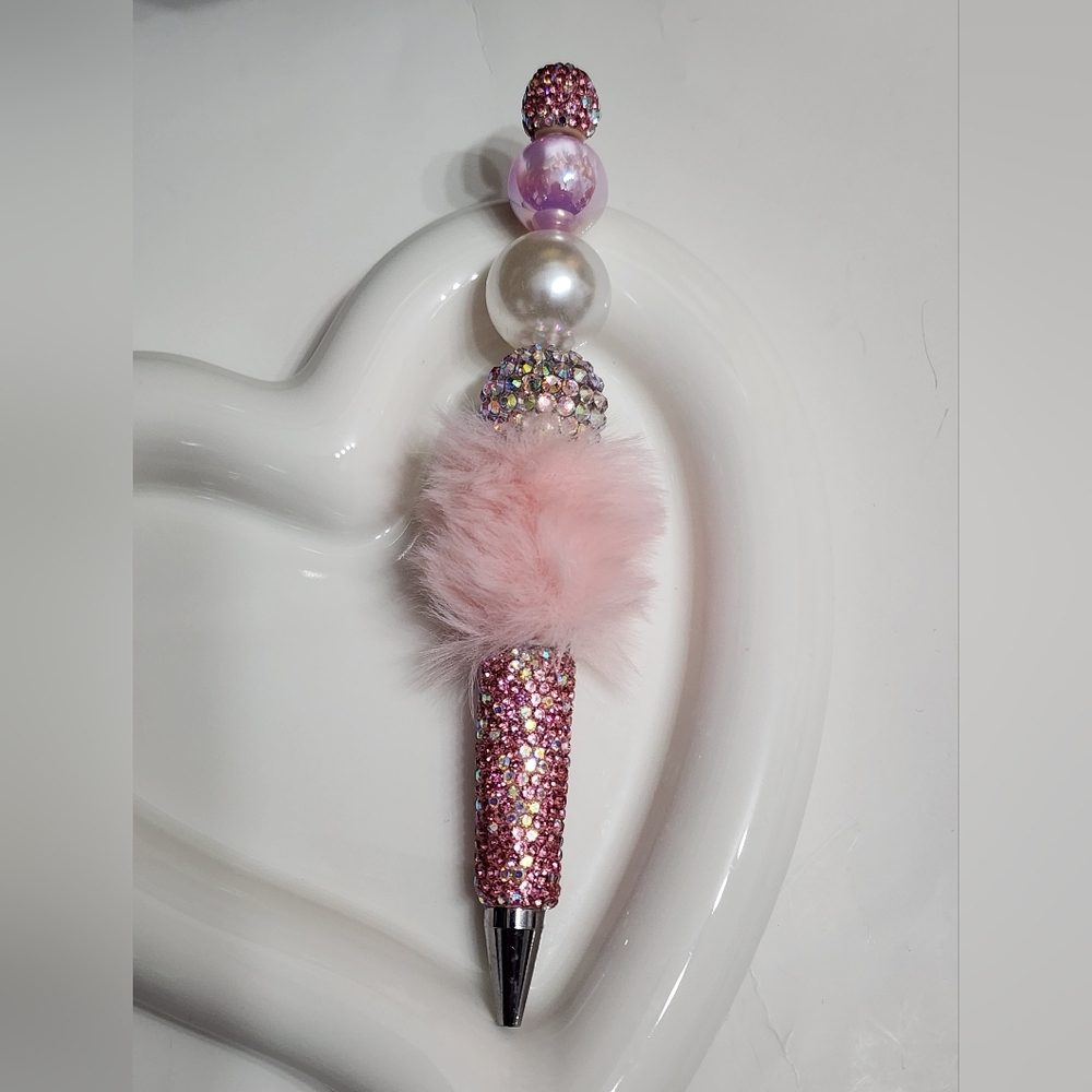 Pink Pen Rhinestone Pom Pom Fluffy Bling Gift Black Ink Refillable